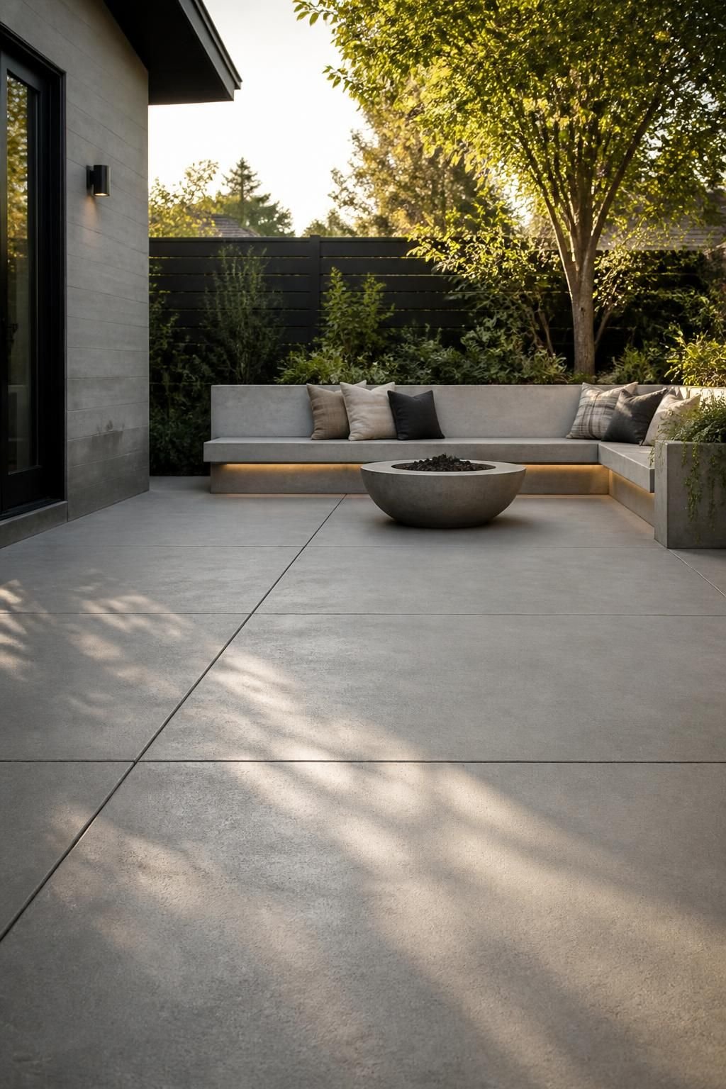 Finished concrete patio with clean modern outdoor seating.